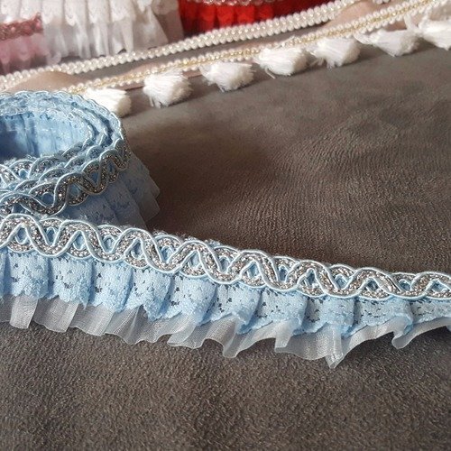 1 mètre de ruban organza tulle guipure bleu fil argenté largeur 30mm décoration scrapbooking couture embellissement b49