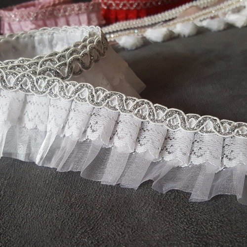 1 mètre de ruban organza tulle guipure blanc fil argenté largeur 30mm décoration scrapbooking couture embellissement