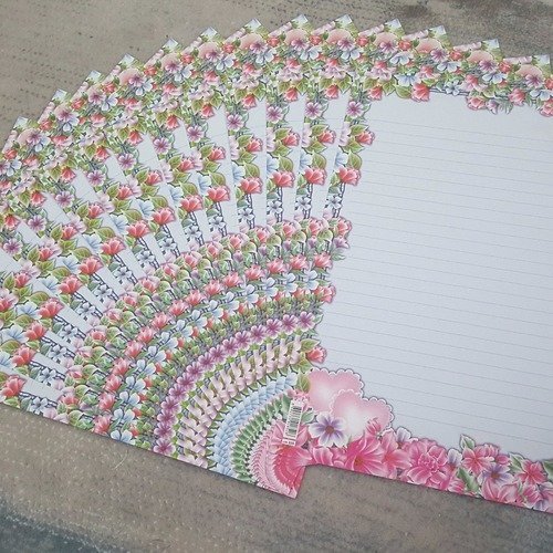 15 papiers à lettres jolie feuilles à dessins courrier de fleurs roses bleu contour décor