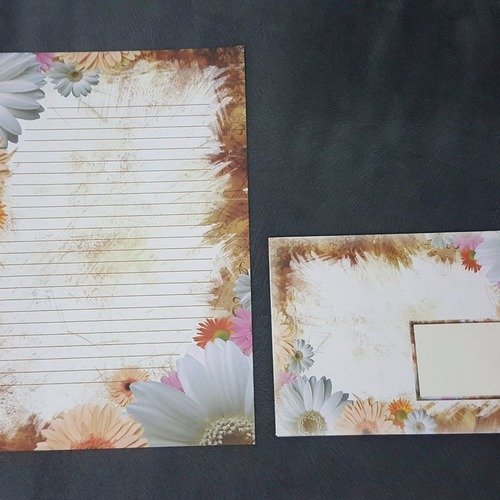 10 papiers à lettre + 10 enveloppes jolie feuilles à dessins de fleurs ...