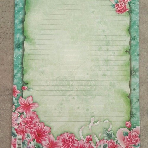 15 papiers à lettres jolie feuilles à dessins de fleurs rose clematide avec bourgeons coeur contour décor