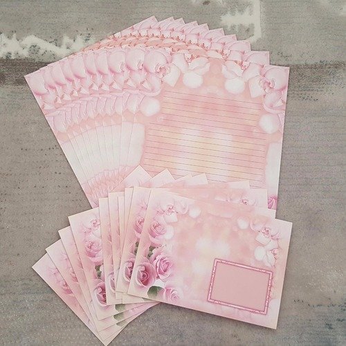 10 papiers à lettre + 10 enveloppes jolie feuilles à dessins de fleurs roses orchidées bourgeons