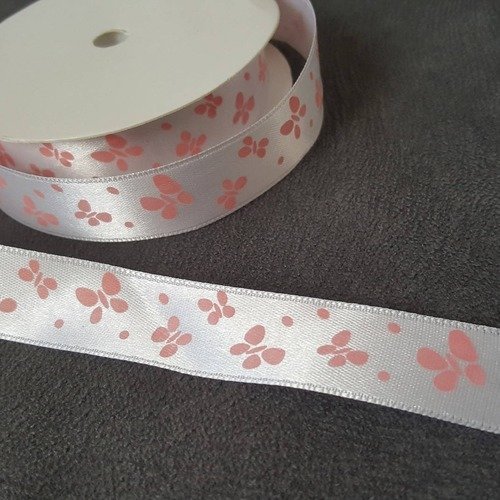 10 mètres de ruban largeur 21mm en tissu satin blanc avec impression décor papillon rose b11