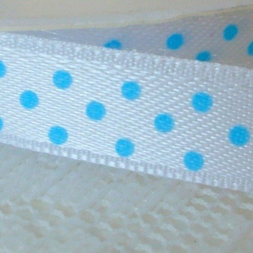 10 mètres de ruban largeur 10mm en tissu satin blanc avec petits point bleu b11