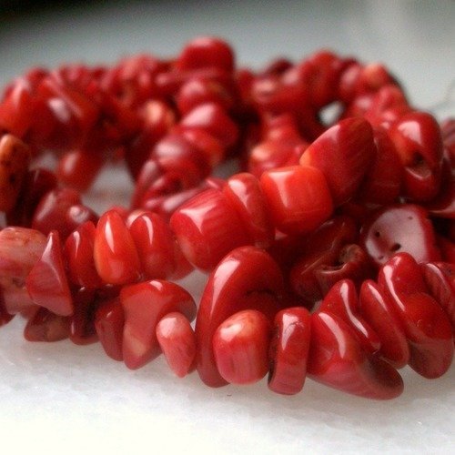 Enfilade fil de 80cm de perles pépite chips de corail rouge pierre naturelle semi précieuse gemme   5 à 10mm b63