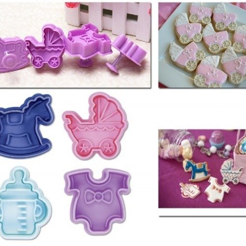 4 moules emporte pièces à éjectoire poussoir thème biberon poney poussette vêtement outils fondant décoration cookies biscuits b13