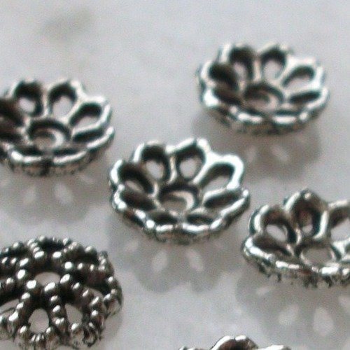 10 coupelles 7mm cape chapeaux callotte perles breloque fleur étoile avec pétales en métal argenté argent tibétain