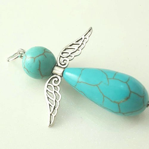 1 grand pendentif ange 4cm en perles naturelle turquoise et ailes breloque pour collier bracelet bo a7