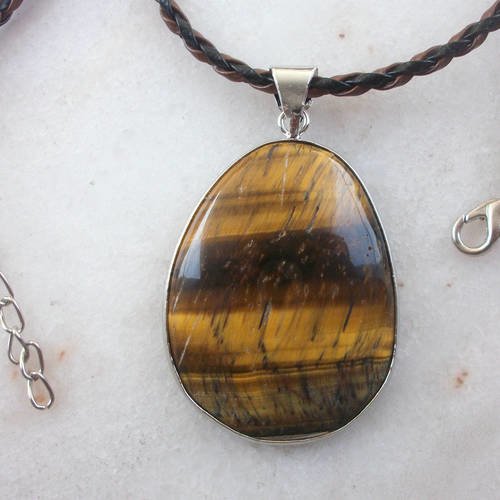 Collier cuir torsadé noir et marron avec pendentif en roche pierre naturelle polie gemme oeil de tigre * lithothérapie