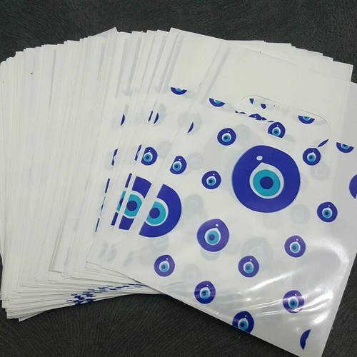 100 mini sacs 10cm pochettes cadeaux plastique décor rond bleu raf c5