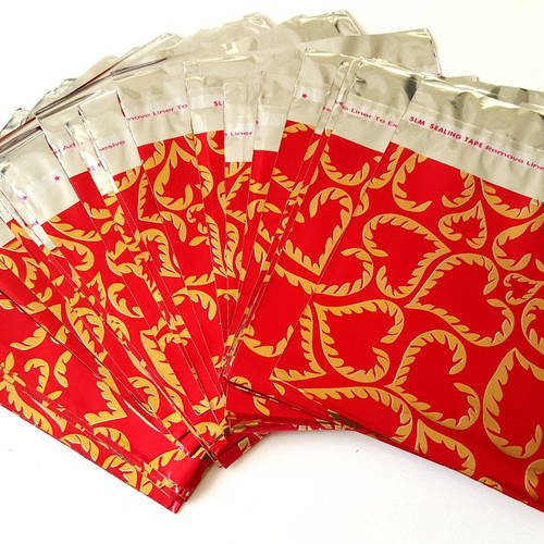 6 emballages pochettes cadeaux rouge coeur doré métallisé 10cm sachets avec rabat à ruban adhésif repositionnable c32