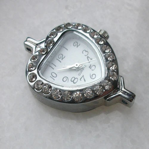 1 cadran de montre coeur à quartz 32 x 26mm  acier inoxydable décoré avec strass couleur crystal  a21