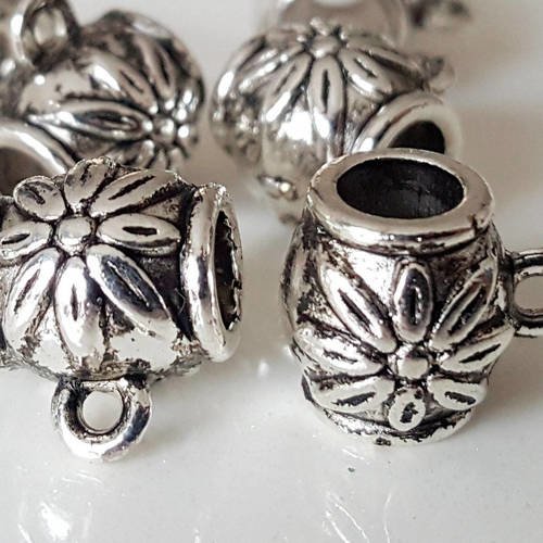 4 bélières attache pendentif en métal argenté 10x12mm  avec fleurs incrusté anneau trou 4,6mm a35