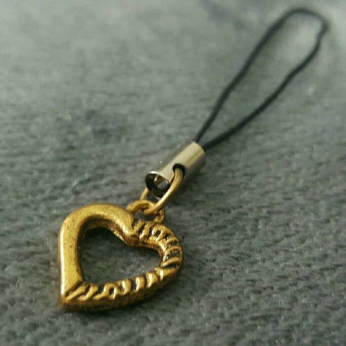 Cordon noir breloque coeur en métal doré * accessoire attache pour portable porte clé