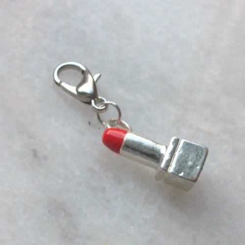 Accroche breloque rouge à lèvre 30x5mm en métal argenté émaillé * accessoire attache portable porte clé trousse a21