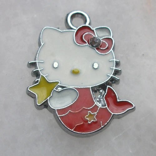 1 pendentif chat sirène rouge avec noeux strass et étoile 26x20mm email en métal argenté émaillé