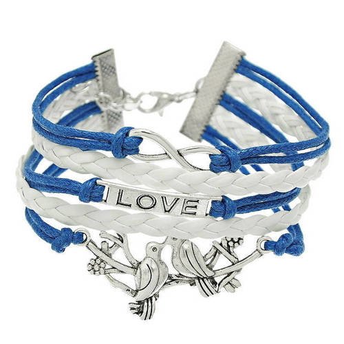 Bracelet cuir blanc et cotton ciré bleu avec chaîne pour thème love couple oiseaux branche fleur b37