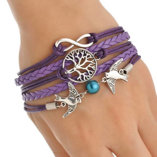 Bracelet cuir violet et cotton ciré avec chaîne thème oiseau arbre perle et infinie pour femme b37