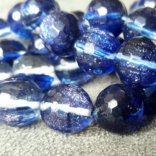 12 perles en verre bleu transparent pailleté argenté percé 14mm facetté