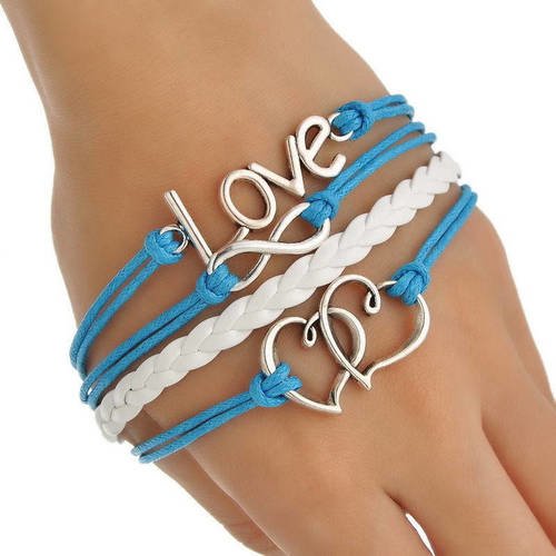 Bracelet cuir et cotton ciré blanc et bleu avec chaîne thème coeur love et infinie pour femme b37