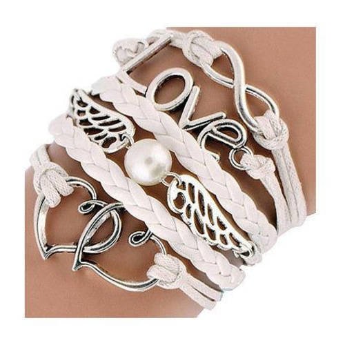 Bracelet cuir et cotton ciré blanc avec chaîne thème coeur ailes love et infinie pour femme b37