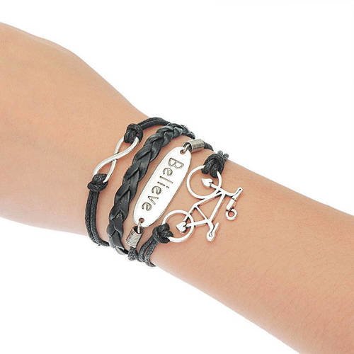 Bracelet cuir et cotton ciré noir avec chaîne pour thème vélo believe et infinie pour femme b37