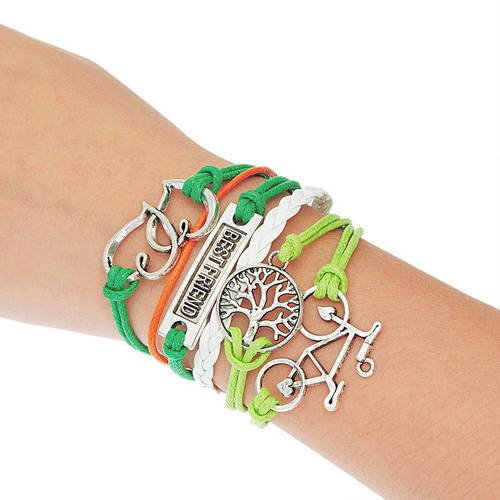 Bracelet cuir blanc et cotton ciré vert orange avec chaîne pour thème vélo arbre best friend b37
