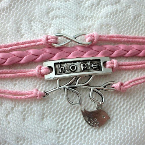 Bracelet cuir et cotton ciré rose avec chaîne thème oiseau branche feuille infinie et hope pour femme b37