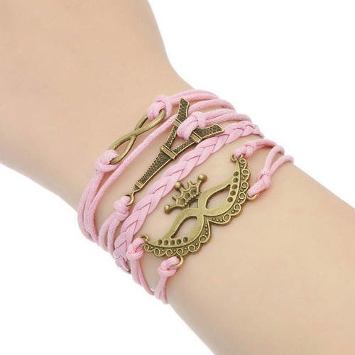 Bracelet cuir et cotton ciré rose avec chaîne pour thème masque couronne tour eiffel et infinie b37