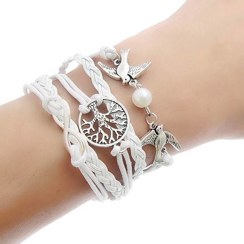 Bracelet cuir et cotton ciré blanc avec chaîne thème oiseau arbre perles et infinie pour femme