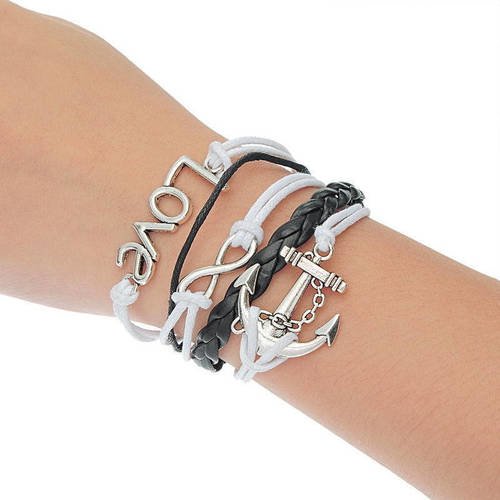 Bracelet cuir noir et cotton ciré noir et blanc avec chaîne pour thème vélo ancre de mer love b37