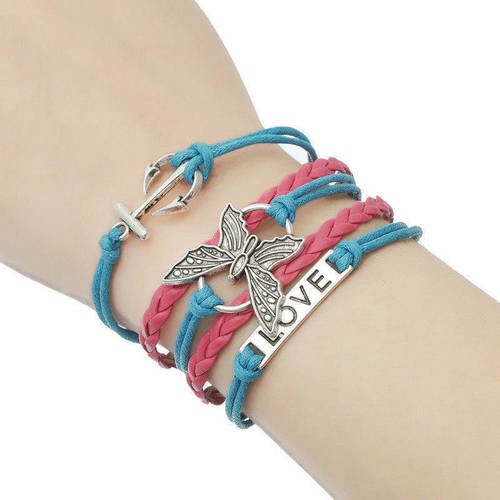 Bracelet cuir rose et cotton ciré bleu avec chaîne thème papillon love  et ancre pour femme b37