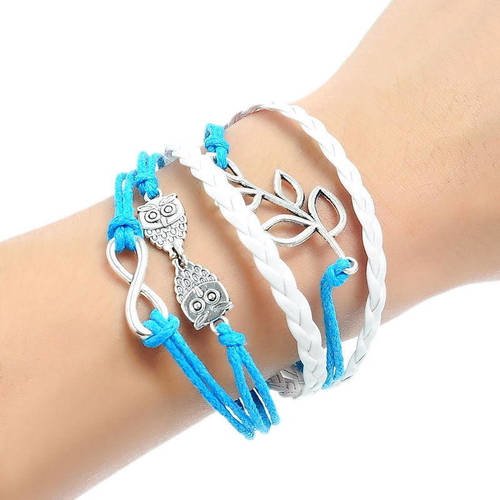 Bracelet cuir blanc et cotton ciré bleu avec chaîne thème oiseau feuilles hibou et infinie pour femme b37