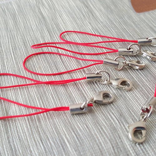 10 cordon dragonne attache rouge avec mousqueton en métal argenté pour accessoire portable porte clé b38