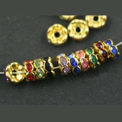 10 perles ronde rondelle 8mm intercalaires connecteurs intermédiaires en métal doré et strass multicolore b16