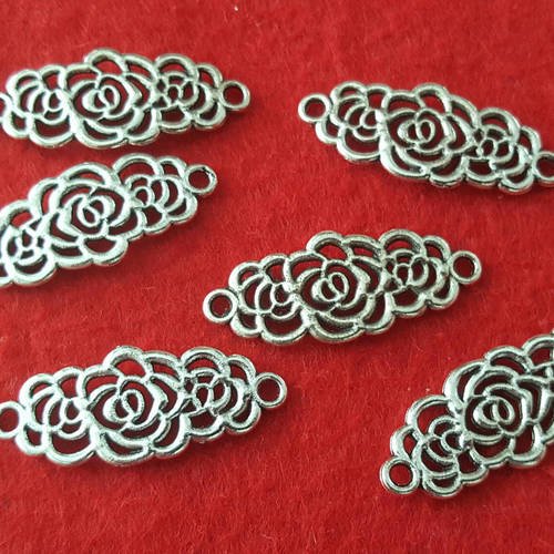 5 pendentifs perles breloque connecteur intercalaire fleur rose en métal argenté 35mm  a29