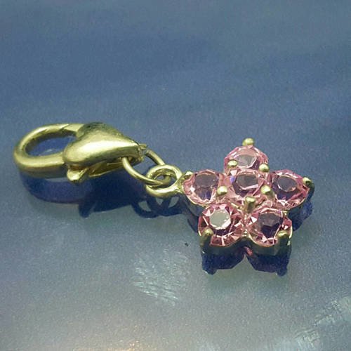 1 perle breloque pendentif mousqueton étoile argenté et strass de couleur rose 30x12mm  a26