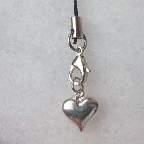 Cordon noir avec pendentif coeur en métal argenté * accessoire attache pour portable porte clé
