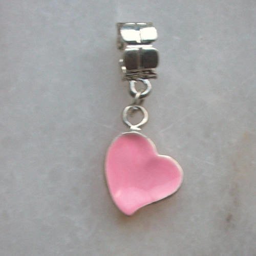 Pendentif breloque coeur rose 33x13mm en métal argenté émaillé * accessoire attache portable porte clé trousse a21
