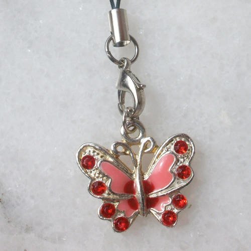 Cordon noir avec pendentif papillon en métal argenté et strass rouge * accessoire attache pour portable porte clé