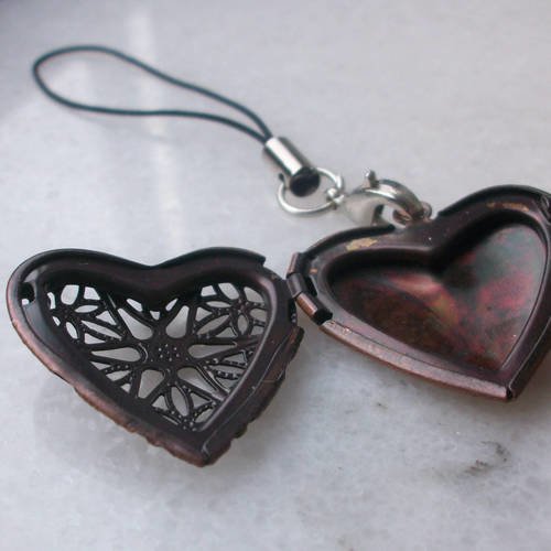 Cordon noir coeur porte photo en métal bronzé * accessoire attache pour portable porte clé   a21
