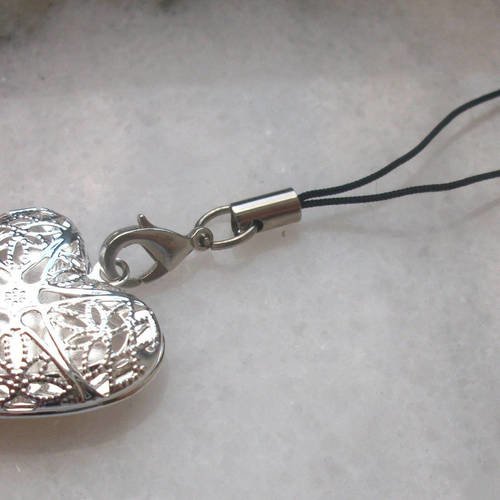Cordon noir coeur porte photo en métal argenté * accessoire attache pour portable porte clé  a21