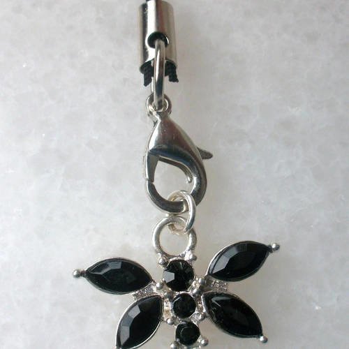 Cordon noir avec pendentif libellule en métal argenté et strass noir * accessoire attache pour portable porte clé