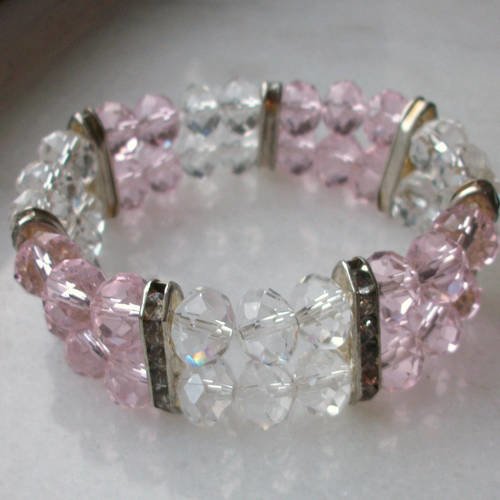 Bracelet élastique 2 rangs en cristal de bohême 10x8mm à facettes rose clair transparent et strass  a21