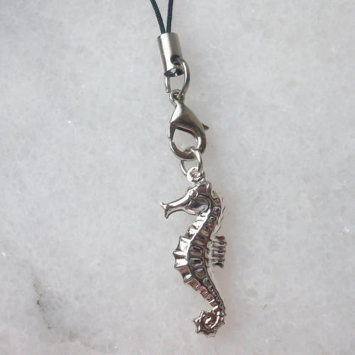 Cordon noir avec pendentif hippocampe en métal argenté * accessoire attache pour portable porte clé