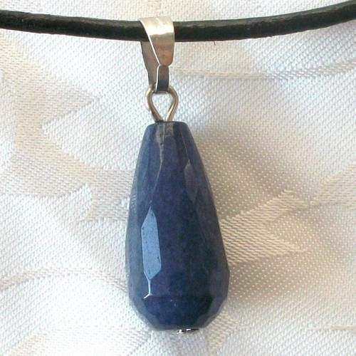 Collier cuir avec pendentif en roche pierre naturelle polie gemme jade bleu goutte facetté * lithothérapie