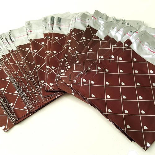 100 pochettes 10cm marron métallisé emballages cadeaux coeurs argenté sachets avec rabat à ruban adhésif raf c5 b
