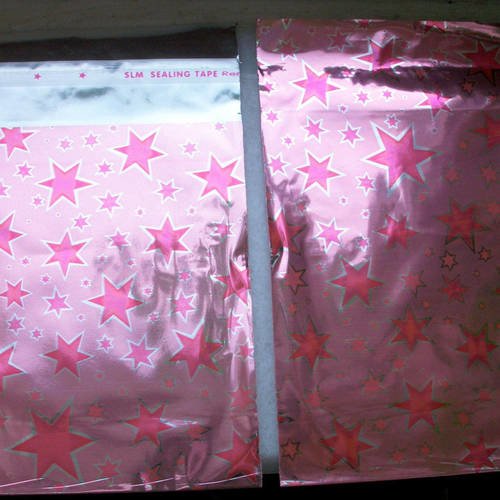100 emballages pochettes cadeaux 10cm rose argenté métallisé décor étoiles sachets avec rabat à ruban raf c5 b
