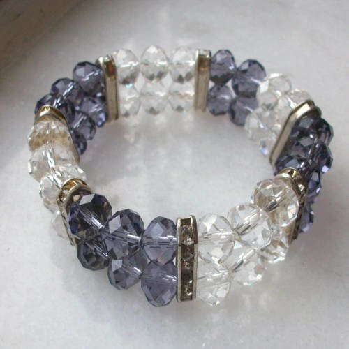Bracelet élastique 2 rangs en cristal de bohême 10x8mm à facettes violet transparent et strass  a21