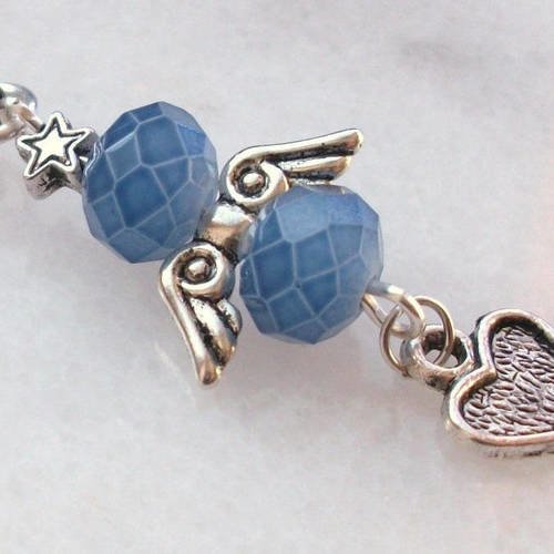 Cordon ange en perles en verre de bohème et étoile et coeur en métal argenté * accessoire attache pour portable porte clé